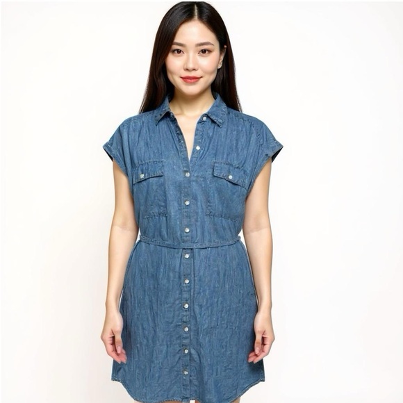Express Denim Jean Shirt Dress Womens Sz M Button Front Short Sleeve Chambray - Picture 1 of 8
